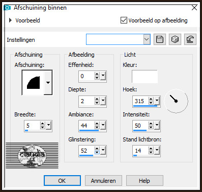 Effecten - 3D-Effecten - Afschuining binnen : Afschuining = nummer 2.