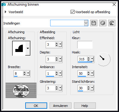 Effecten - 3D-Effecten - Afschuining binnen : Afschuining = nummer 3. 