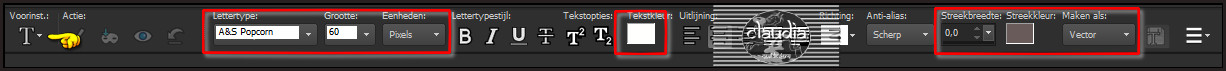 Activeer het Tekstgereedschap en zoek het font "A&S Popcorn" met deze instellingen