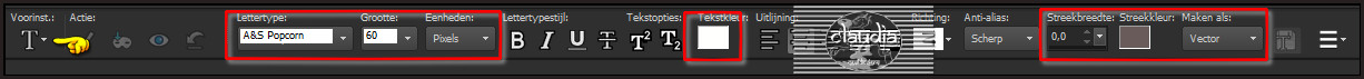 Activeer het Tekstgereedschap en zoek het font "A&S Popcorn" met deze instellingen 