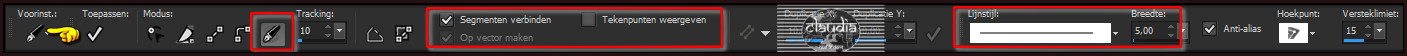 Activeer het "Pengereedschap" met deze instellingen : De lijnstijl is een rechte lijn van 5 px breedte :