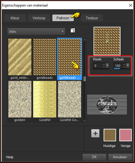 Zoek het Patroon "goldbeads" met deze instellingen 