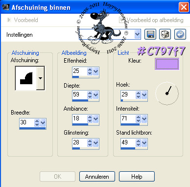 Instellingen afschuining binnen