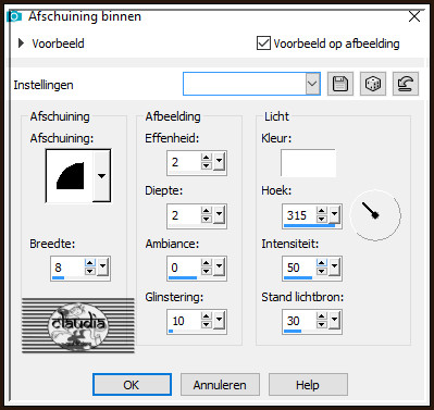 Effecten - 3D-Effecten - Afschuining binnen : Afschuining = nummer 2.