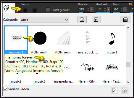 Activeer het "Penseelgereedschap" en zoek de zonet opgelagen Brushe "memories forever" met deze instellingen
