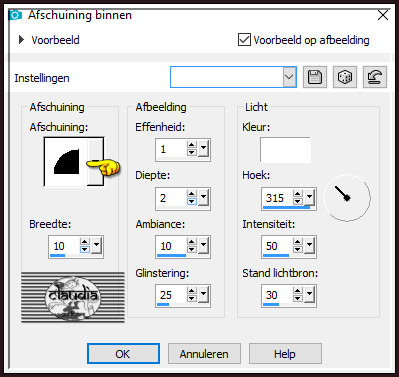 Effecten - 3D-Effecten - Afschuining binnen : Afschuining = nummer 2.