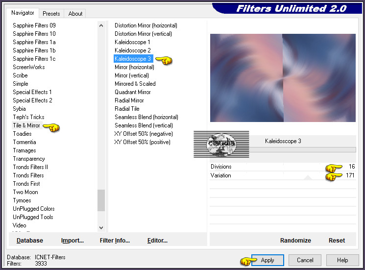 Effecten - Insteekfilters - <I.C.NET Software> - Filters Unlimited 2.0 - Tile & Mirror - Kaleidoscope 3 