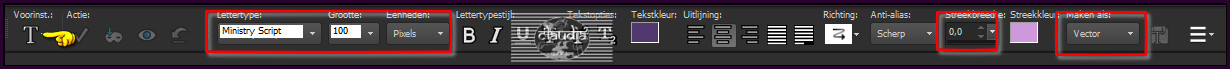 Activeer het "Tekstgereedschap" en zoek het font "Ministry Script" met deze instellingen