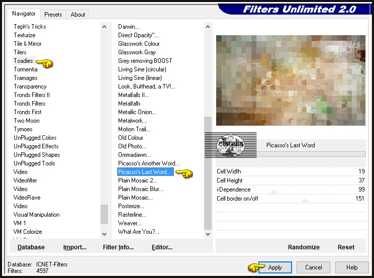 Effecten - Insteekfilters - <I.C.NET Software> - Filters Unlimited 2.0 - Toadies - Picasso's Last Word