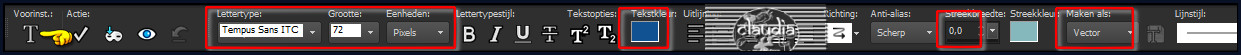 Activeer het "Tekstgereedschap" en zoek het font "TEMPUS SANS ITC" met deze instellingen 