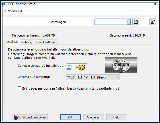 Sla je werkje op als JPG-formaat met een compressiewaarde van 20 