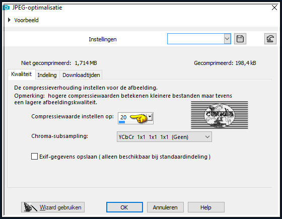 Sla je werkje op als JPEG-formaat met een compressiewaarde van 20