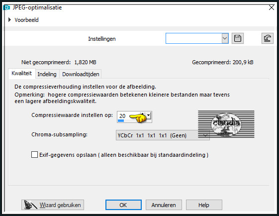Sla je werkje op als JPEG-formaat met een compressiewaarde van 20