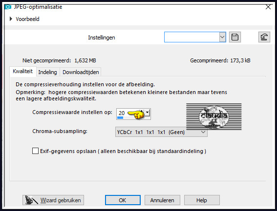 Sla je werkje op als JPEG-formaat met een compressiewaarde van 20