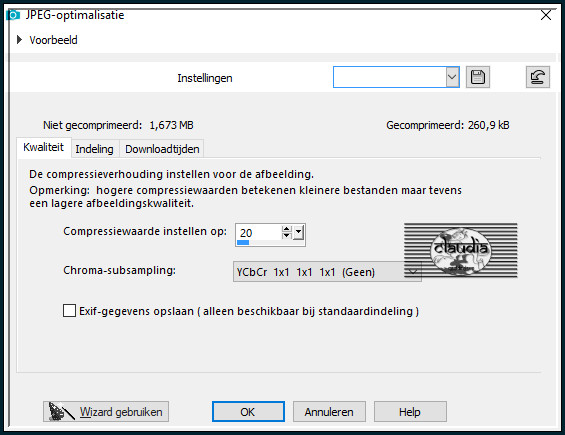 Sla je werkje op als JPEG-formaat met een compressiewaarde van 20