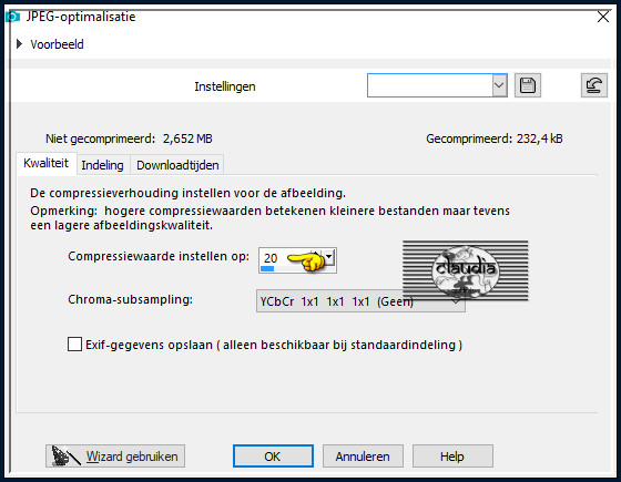 Sla je werkje op als JPEG-formaat met een compressiewaarde van 20 :