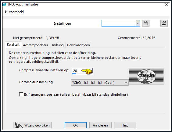 Sla je werkje op als JPEG-formaat met een compressiewaarde van 20 :