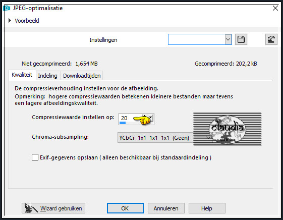 Sla je werkje op als JPEG-formaat met een compressiewaarde van 20 :