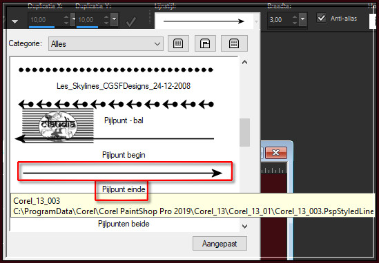 Activeer opnieuw het Penseelgereedschap en zet de lijnstijl nu op Pijlpunt einde, de rest van de instellingen blijven dezelfde