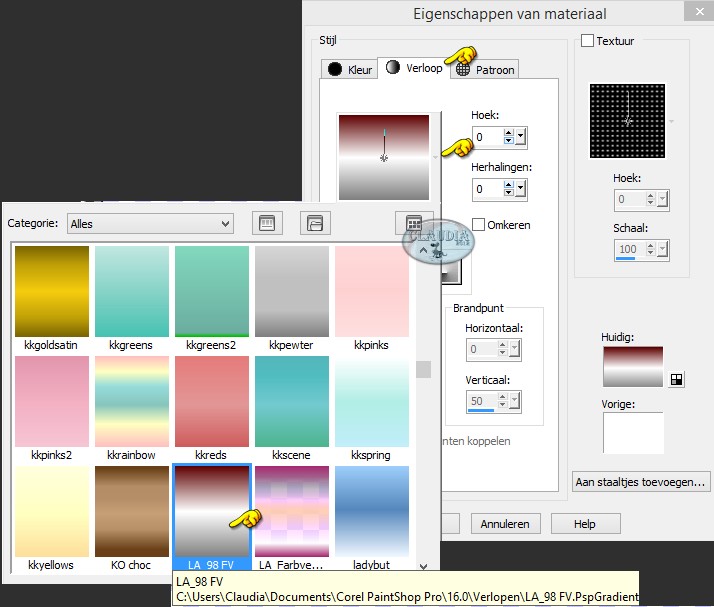 Klik met de muis in de Voorgrondkleur en zoek het Verloop "LA_98 FV"