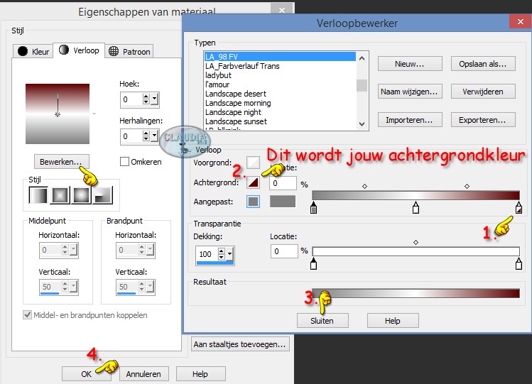 Als je met eigen kleuren werkt, klik je nu op de knop "Bewerken" en zet de instellingen zoals op het voorbeeld