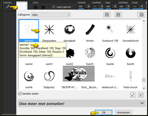 Activeer het Penseelgereedschap en zoek de zonet opgeslagen Brushe "sterne3" met deze instellingen :