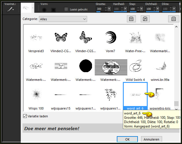 Activeer het Penseelgereedschap en zoek de zonet opgeslagen Brushe "word_art_6" met deze instellingen :