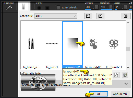 Activeer het "Penseelgereedschap" en zoek de Brushe "la_round-01", de instellingen staan automatisch goed