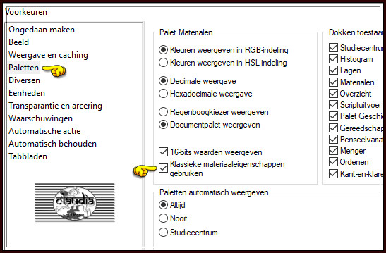 In de linkse kolom klik je op "Paletten" en rechts vink je "Klassieke materiaaleigenschappen gebruiken" aan