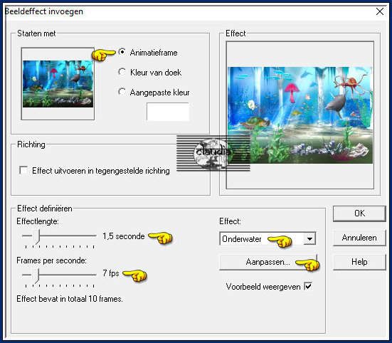 Klik onderaan op "Effect" en kies de preset "Onderwater", zet daarna de instellingen zoals op het voorbeeld 