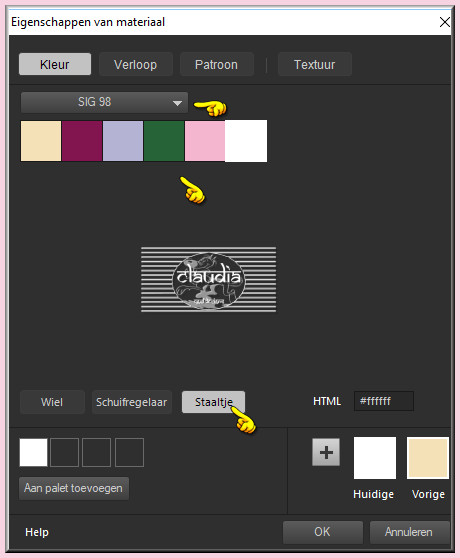 Om het pallet tevoorschijn te halen klik je onderaan op "Staaltje" en bovenaan via het Scroll-menu zoek je het Palet "SIG 98" 