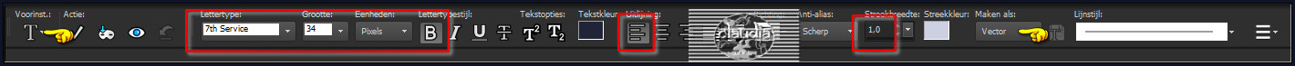 Activeer het "Tekstgereedschap" en zoek het font "7th Service" met deze instellingen 
