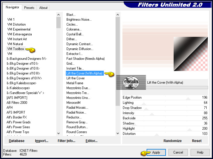 Effecten - Insteekfilters - <I.C.NET Software> - Filters Unlimited 2.0 - VM Toolbox - Lift the Cover (With Alpha) :