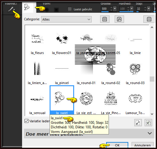 Activeer het "Penseelgereedschap" en zoek de Brushe "la_swirl" met deze instellingen