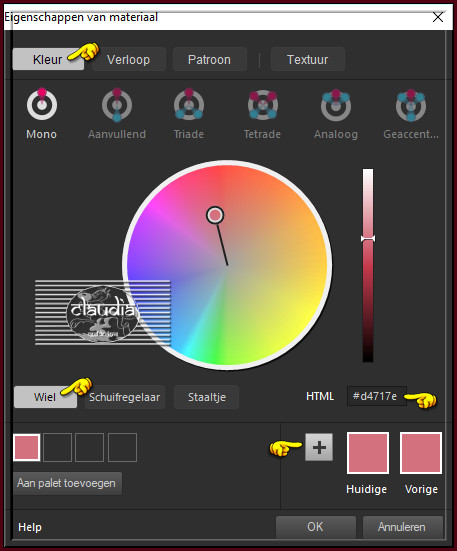 Je klik met de muis in de Voorgrondkleur en klik onderaan in het venster op de knop "Wiel"