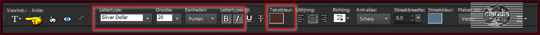 Activeer het Tekstgereedschap en zoek het font "Silver Dollar" met deze instellingen