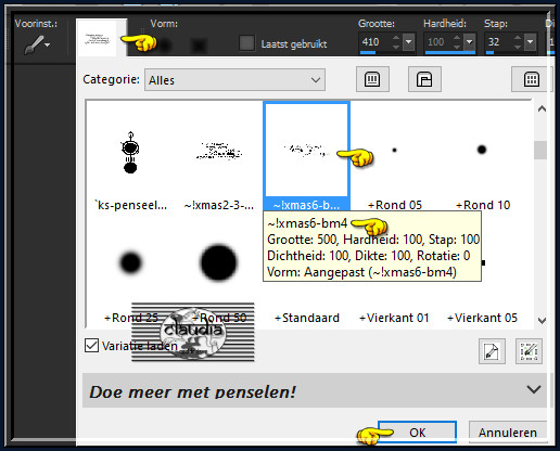 Activeer het "Penseelgereedschap" en zoek de Brushe "~!xmas6-bm4" met deze instellingen