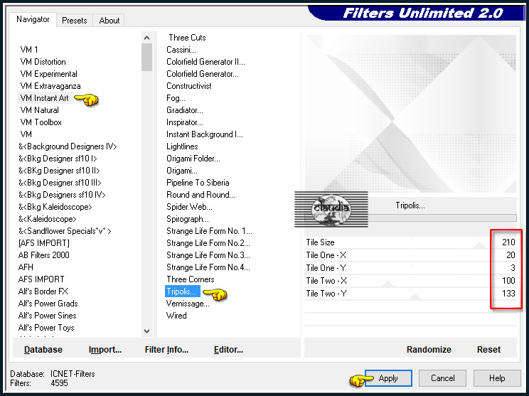 Effecten - Insteekfilters - <I.C.NET Software> - Filters Unlimited 2.0 - VM Instant Art - Tripolis