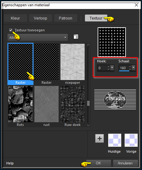 Klik nu bovenaan op het tabblad "Textuur" en zet het vinkje aan bij "Textuur toevoegen" en zet de instellingen zoals op het voorbeeld