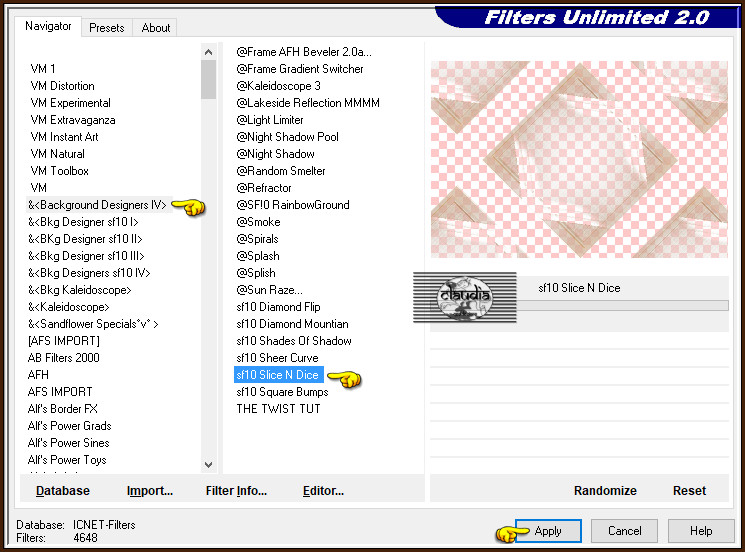 Effecten - Insteekfilters - <I.C.NET Software> - Filters Unlimited 2.0 - &<Background Designers IV> - sf10 Slice N Dice :