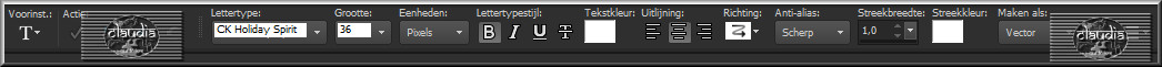Activeer het Tekstgereedschap en zoek het font "CK Holiday Spirit" met deze instellingen 