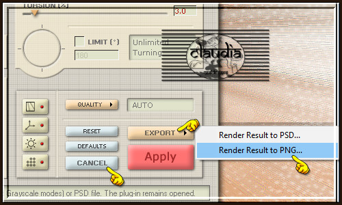 Met dezelfde instellingen als hierboven, maar klik nu op de knop "EXPORT" en kies de optie "Render Result to PNG"