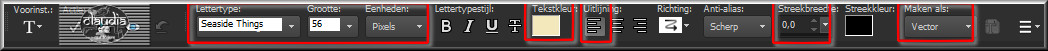 Activeer het Tekstgereedschap en zoek het font "Seaside Things" met deze instellingen