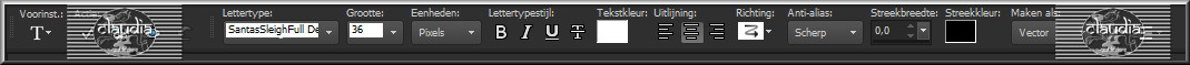 Activeer het Tekstgereedschap en zoek het font "SantasSleighFull Deluxe" met deze instellingen