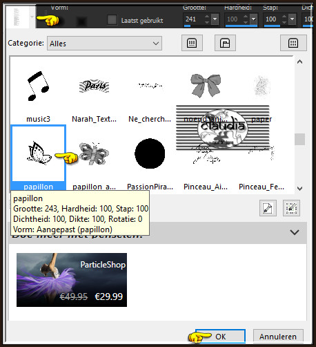Activeer nu het "Penseelgereedschap" en zoek de zonet opgeslagen brushe "papillon" met deze instellingen