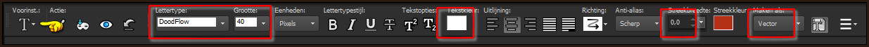 Activeer het "Tekstgereedschap" en zoek het font "DoodFlow" met deze instellingen