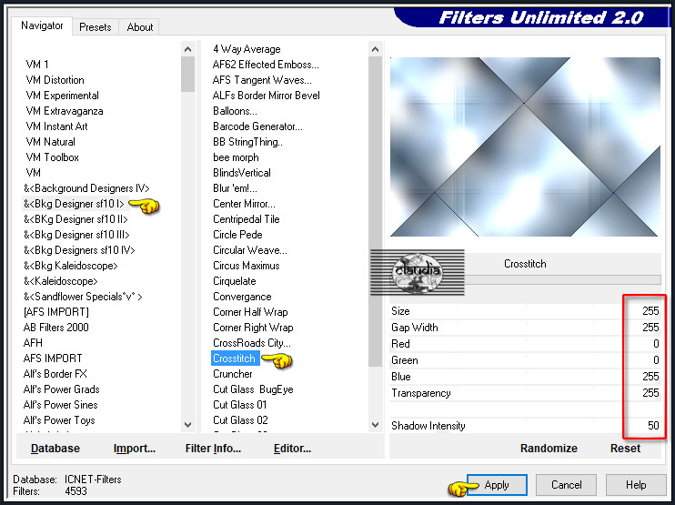 Effecten - Insteekfilters - <I.C.NET Software> - Filters Unlimited 2.0 - &<Bkg Designer sf10 I> - Crosstitch