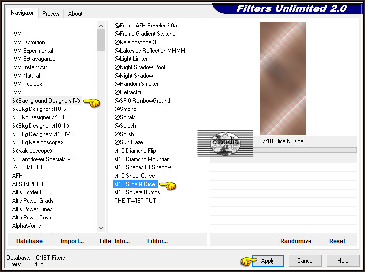 Effecten - Insteekfilters - <I.C.NET Software> - Filters Unlimited 2.0 - &<Background Designers IV> - sf10 Slice N Dice 