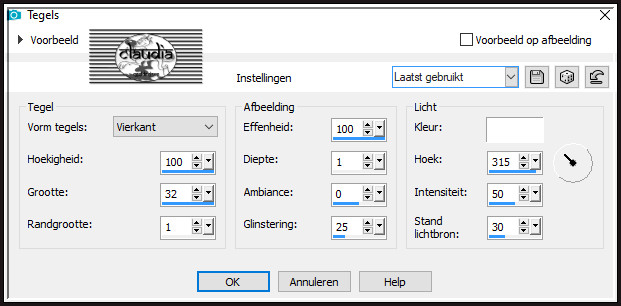 Effecten - Textuureffecten - Tegels : in de oudere PSP versies heet dit "Mozaïekstukjes" : Kleur = 4de kleur