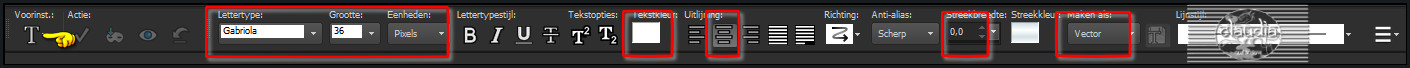 Activeer het "Tekstgereedschap" en zoet het font "Gabriola" met deze instellingen 